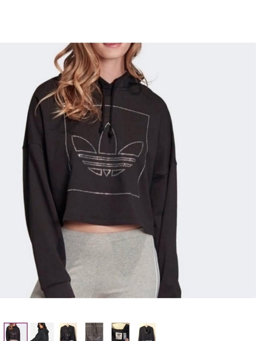 Adidas Black Cropped Crewneck Hoodie with Rhinestone Logo. Women’s XS